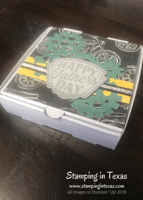 Mini Pizza Box make and take using the Stampin' Up! Geared Up Garage Stamp Set. Stampin' Up! Onstage 2018